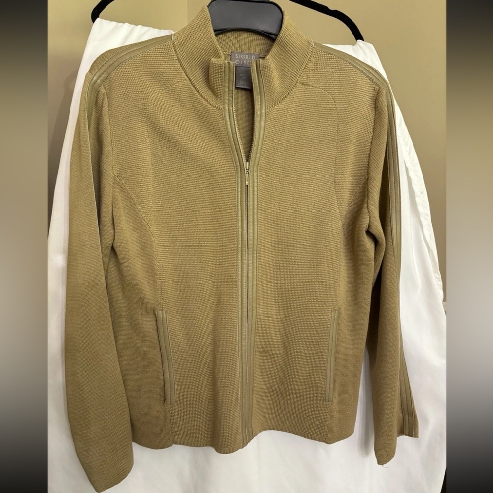 Sigrid Olsen Women’s Petite Medium Tan Silk Zip Up Sweater With Leather Accents